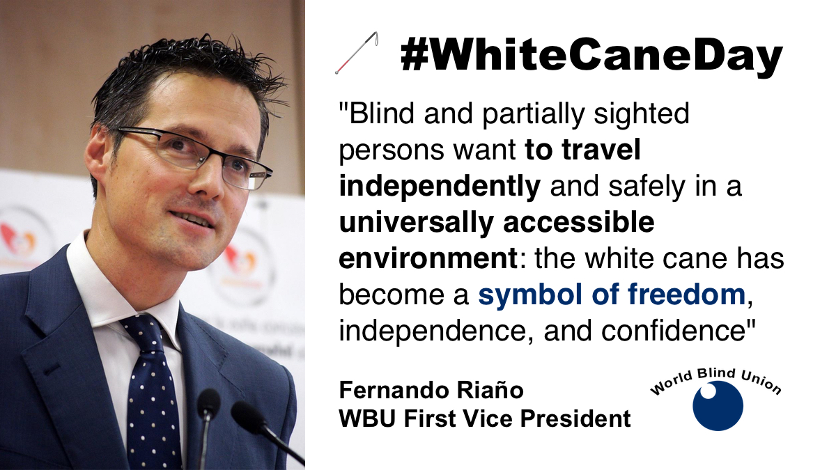 This illustration is a tweet from the WBU digital campaign to celebrate White Cane Day 2021