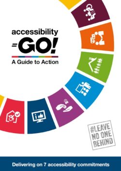 cover page of the title accessibility go a guide to action having hashtag Leave no one behind