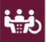 Dark red Commitment 7 icon representing people, including a person using a wheelchair, around a table with a braille sign in the center.