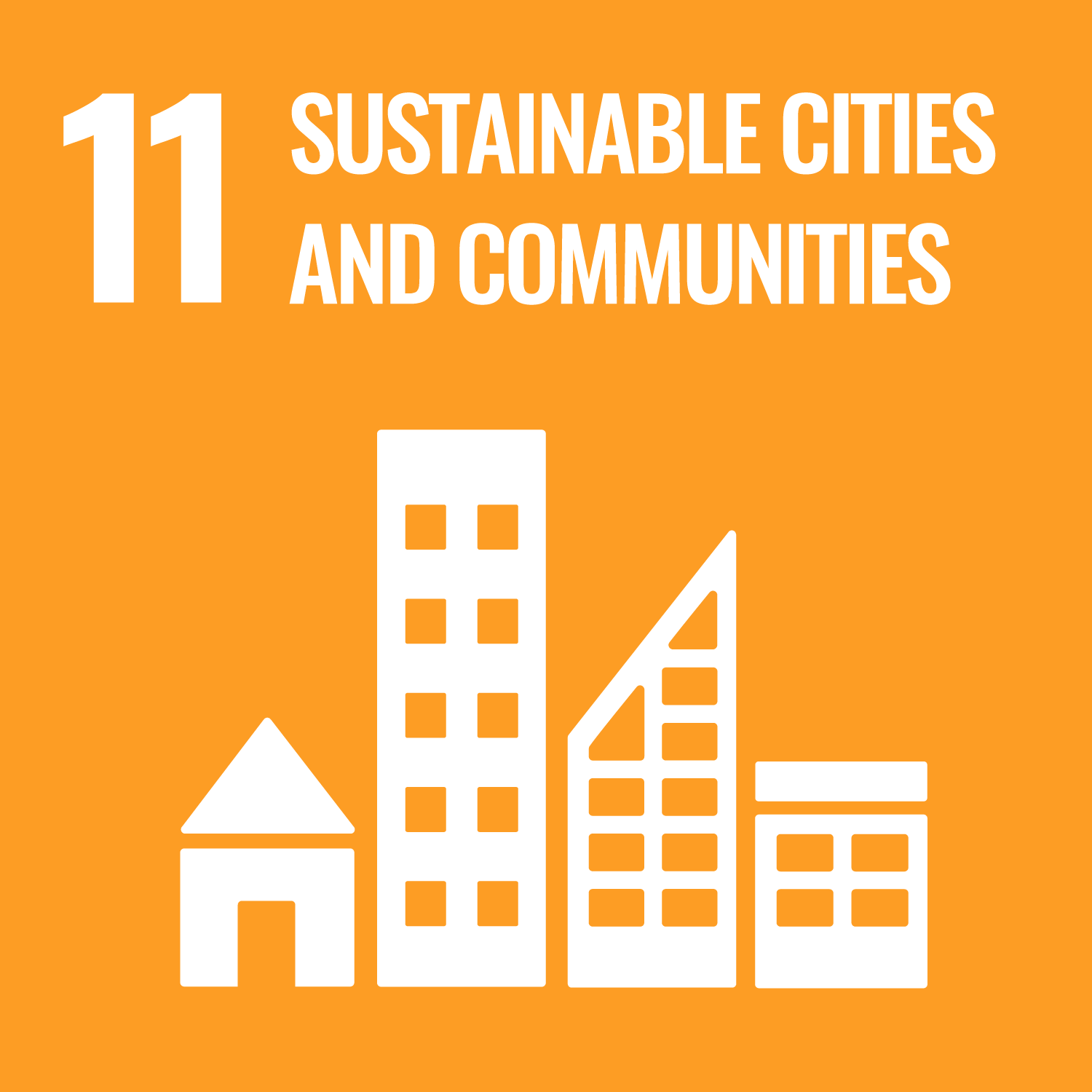 Graphical representation of SDG 11 Sustainable Cities and Communities. Drawings of building on a yellow background